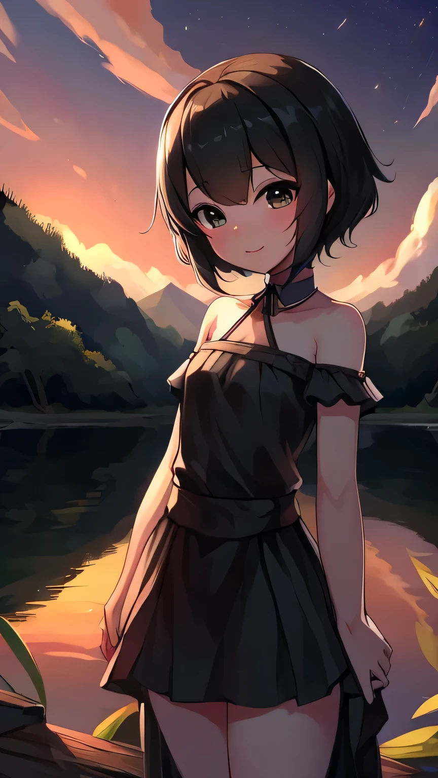 lakeside,Baiyun,short black hair,black top,Half body,side