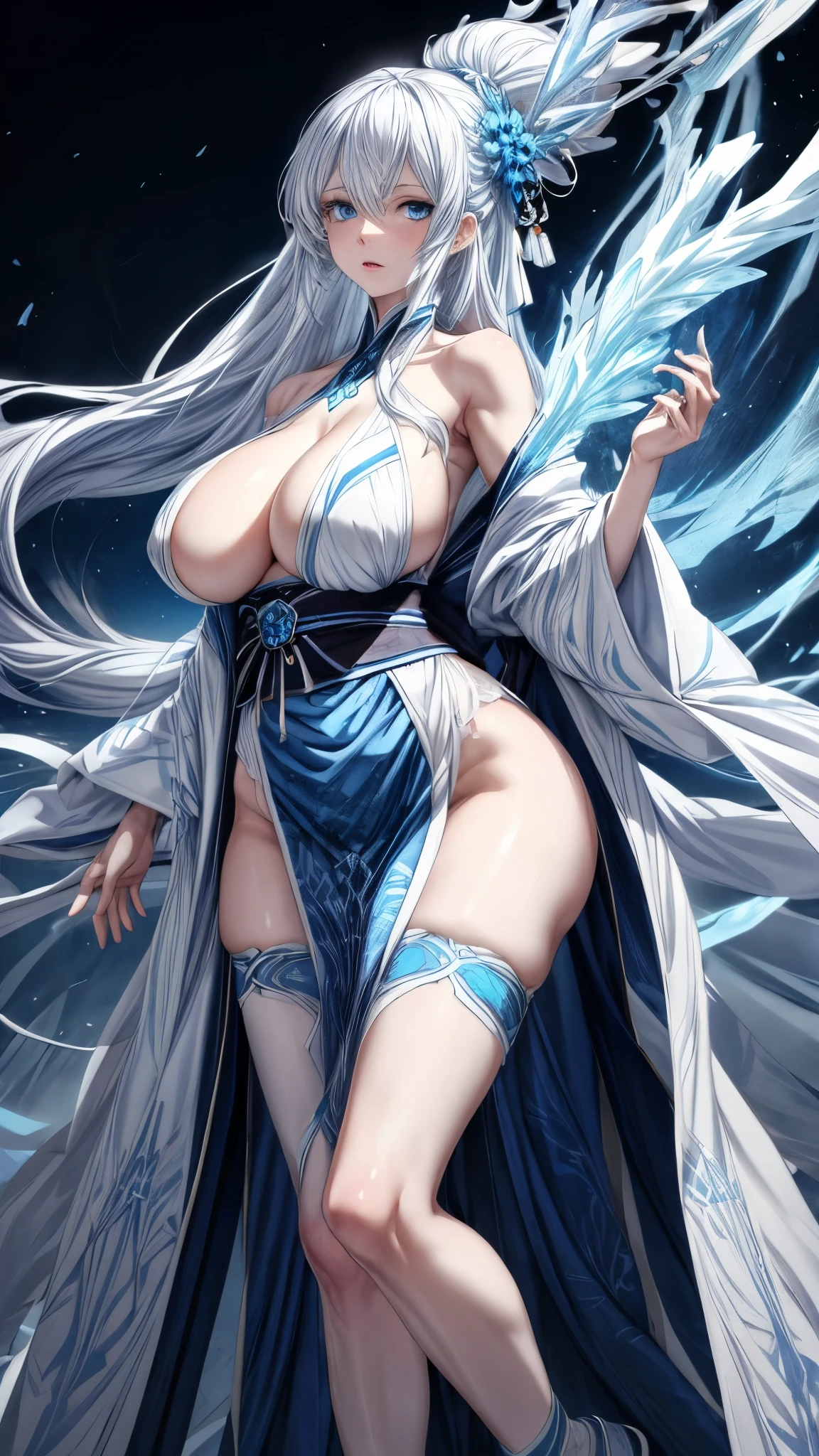 ice woman, white skin, intense blue eyes, long white hair, athletic body, big breasts, long legs, kimono with uncovered shoulders, 8k, hd, masterpiece, full body, white background