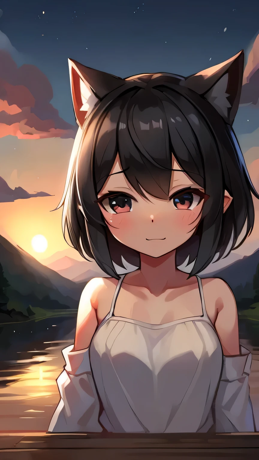 lakeside,Baiyun,short black hair,front,white top