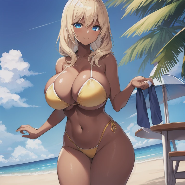 masterpiece, best quality, 1girl, solo, tan, dark skin, dark-skinned female, mature female, huge breasts, narrow waist, wide hips, curvy, wavy hair, medium hair, blonde hair, blue eyes, strapless bikini, yellow bikini, beach, standing, seductive smile, looking at viewer