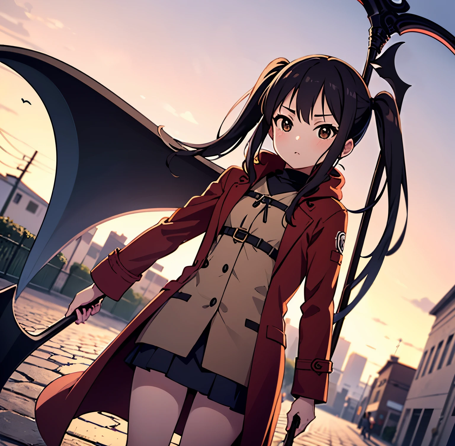 ((masterpiece)), high quality), best quality, 1 girl, a girl walking on cobblestone street, ((local cobblestone street background)),afternoon time,people walking, anime best girl, young anime girl, anime K-On!,Nakano Azusa,balck hair,(long twintail),(brown eyes),((holding scythe)),flat breast,((red hood overcoat)),short skirt,leg harness,dutch angle, cowboy shot