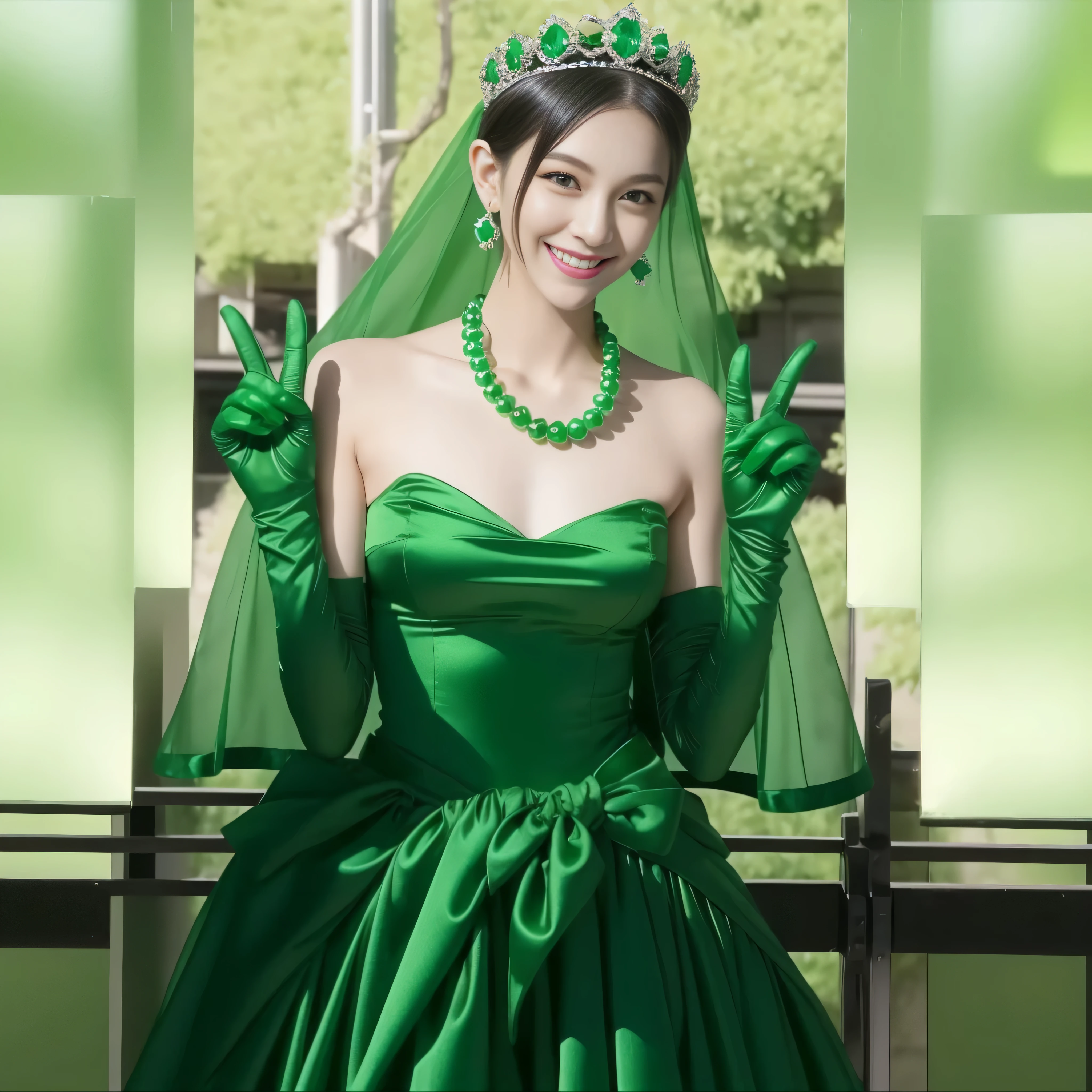 emerald tiara, green pearl necklace, boyish very short green hair, lipstick, smiling Japanese woman, very short hair, Big beautiful, green eyes, Long Green Satin Gloves, green eyes, V sign, emerald earrings, green veil, 両手でV sign