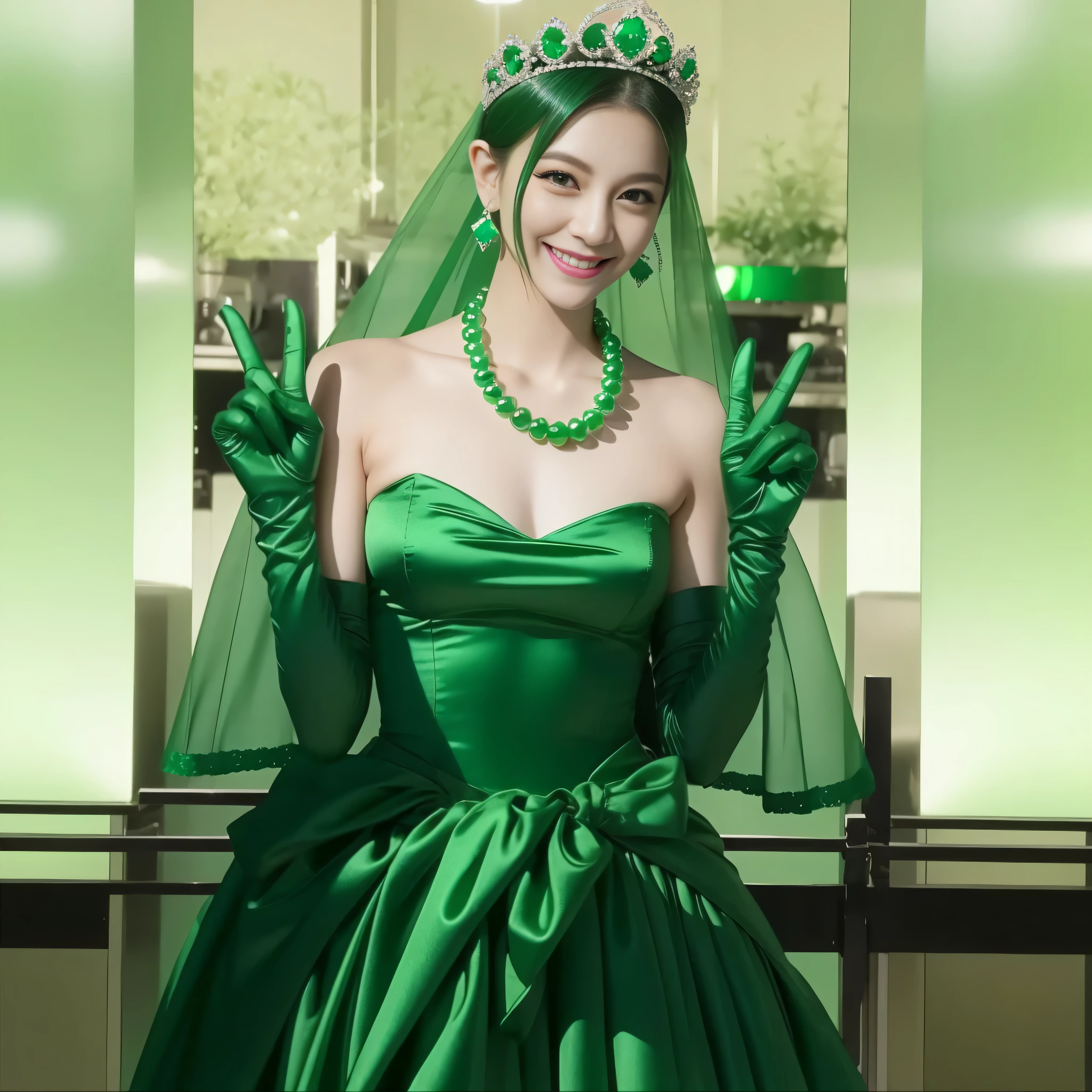 emerald tiara, green pearl necklace, boyish very short green hair, lipstick, smiling Japanese woman, very short hair, Big beautiful, green eyes, Long Green Satin Gloves, green eyes, V sign, emerald earrings, green veil, 両手でV sign