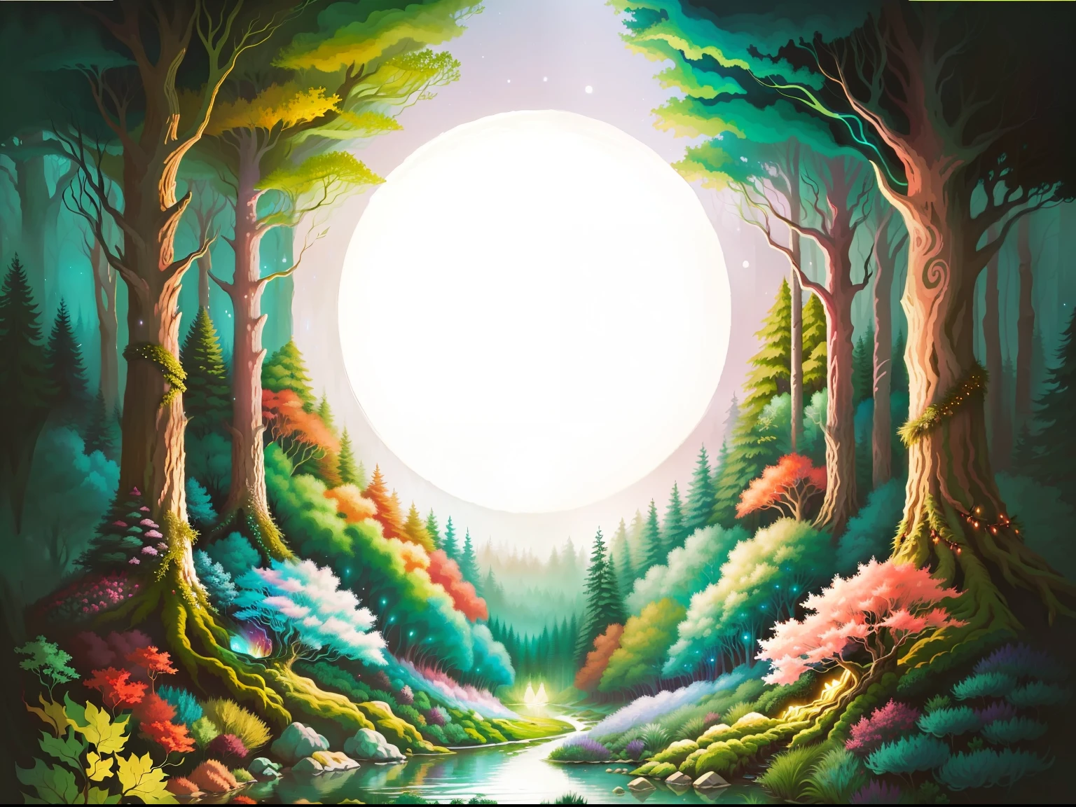 Forest painting scene with a stream and a full moon, magical forest backround, forest background, Jane Newland, Light Kingdom Background, painting of a dreamscape, Forest Portal, Forest painting, magical forest background, quirky fantasy landscape art, Forest setting, magical forest, wonderland portal, Bright forest, Fantasy Forest Background, fantasy forest, Capricious forest