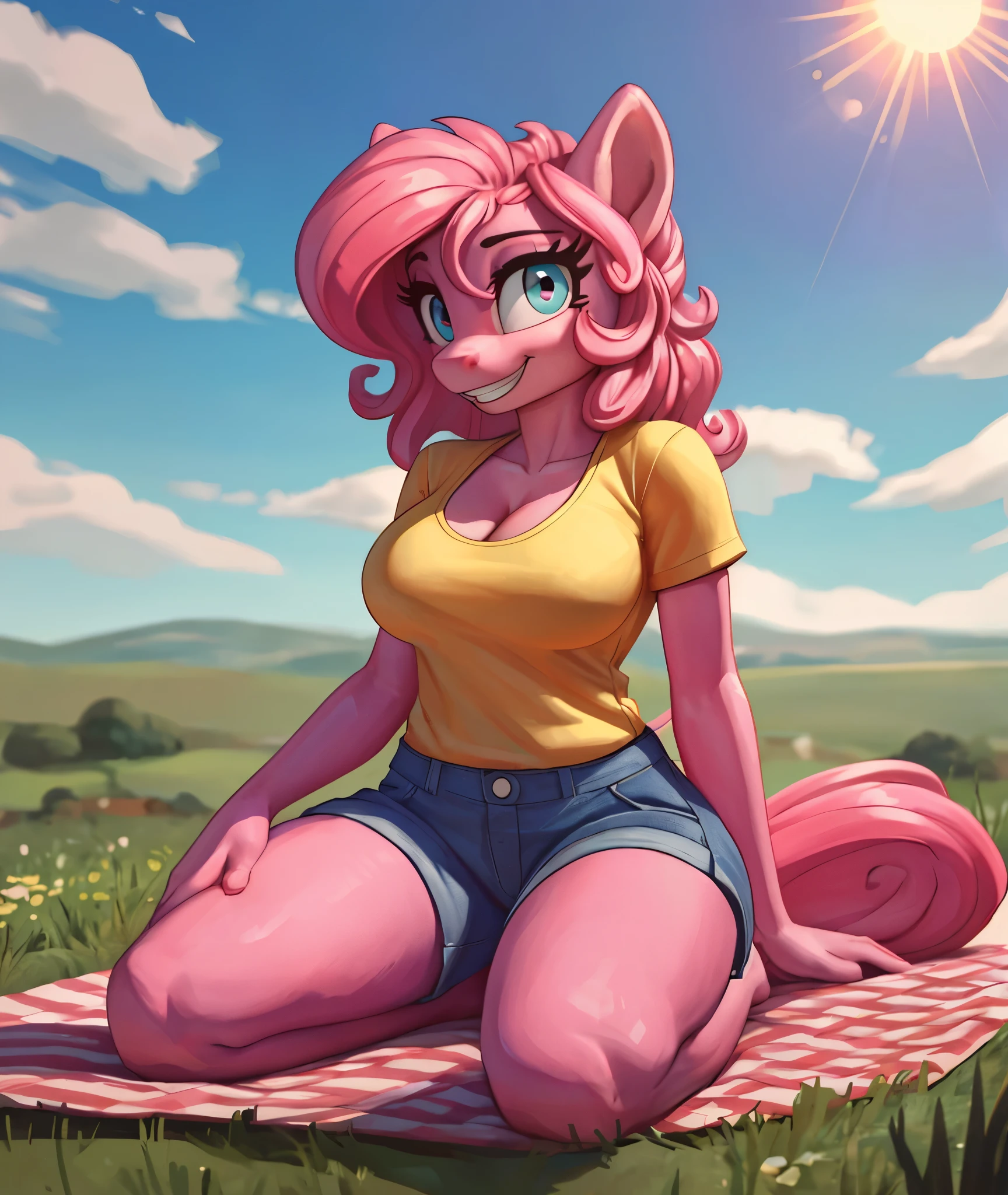 [pinky pie], [Uploaded to e621.net; (siden), (Pixelsketcher), (mayosplash), (wamudraws)], ((masterpiece)), ((HD)), ((high res)), ((solo portrait)), ((full body)), ((pony; anthro)), ((detailed fur)), ((detailed shading)), ((beautiful render art)), ((intricate details)), {anthro horse; (slim female figure), (pink fur), (cute cyan eyes), (long eyelashes), horse snout, (curly hot-pink hair), (curly hot-pink tail), (medium boobs), (curvy hips), (beautiful legs), (beautiful feet), (humanoid feet), (excited grin)}, {(yellow tee shirt), (cleavage), (denim short shorts)}, {(sitting on picnic blanket), (kneeling), (wiggling toes), (looking at viewer)}, [background; (grass plains), (clouds in sky), (blue sky), (sun rays), (ambient lighting)]
