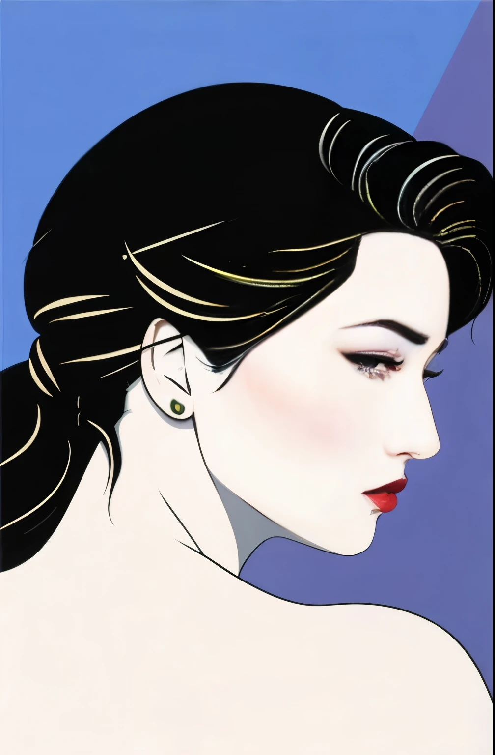 (Masterpiece Art:1.1), (最high quality), Woman with strapless dress and lipstick, gray background, Art style by Patrick Nagel, beautiful, Highly detailed painting, (highly detailed slopes), (detailed face), (fine eyes:1.1), (perfect breasts), model shoot, professional photography, official art, synthwave,  8K, hard disk, high quality,  award-winning, ponytail, 20-year-old, profile, japanese woman, profile,