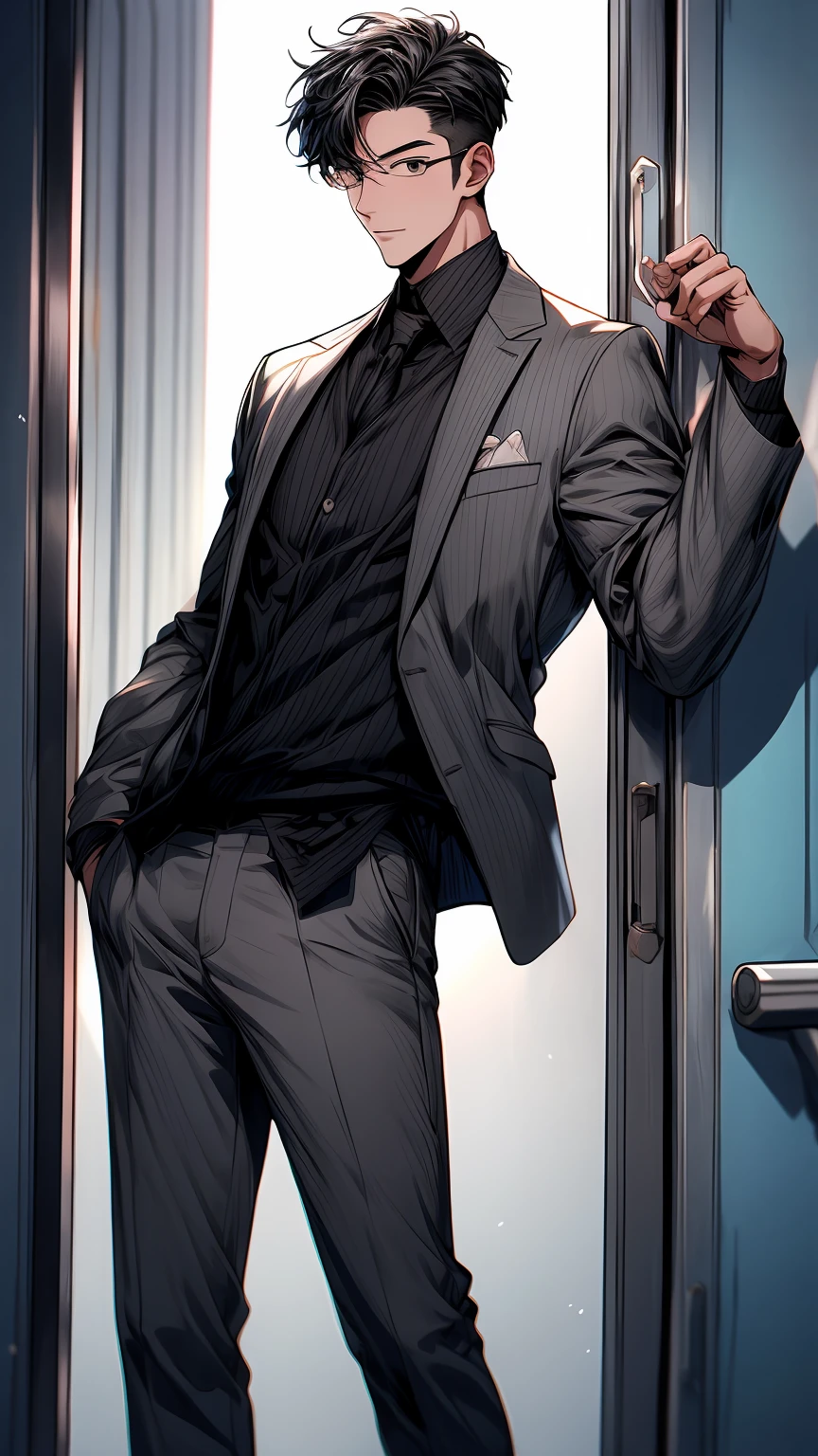 a man in a gray jacket standing next to a door, the man is very happy and dancing, 4k.  manhwa, webtoon, webtoons, punchable expression, male , hyung - tae kim, hyung-tae kim, punchable face, official character illustration, this character has cryokinesis, name of the character is chad, siwoo kim, heonhwa choe, hong june hyung