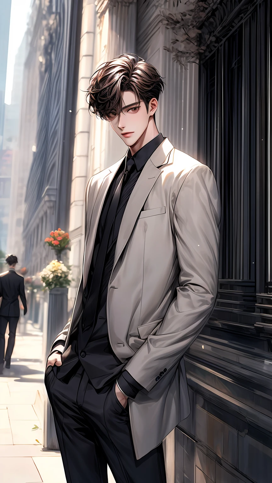 a man standing and holding flowers and he is very happy in front of a tall building, manhwa, male ulzzang, yanjun chengt, handsome chad chin, anime handsome man, secret romance, (good looking ), wearing elegant casual clothes, webtoon, hwang se - on, ( ( god king of ai art ) ), name of the character is chad, webtoons, handsome stunning realistic