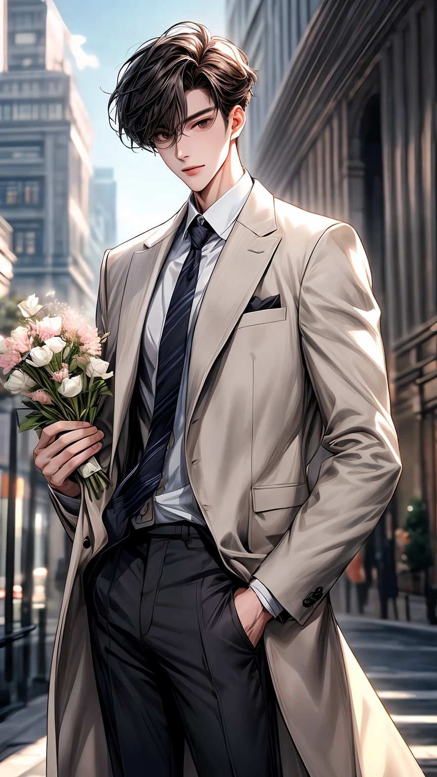 a man standing and holding flowers and he is very happy in front of a tall building, manhwa, male ulzzang, yanjun chengt, handsome chad chin, anime handsome man, secret romance, (good looking ), wearing elegant casual clothes, webtoon, hwang se - on, ( ( god king of ai art ) ), name of the character is chad, webtoons, handsome stunning realistic