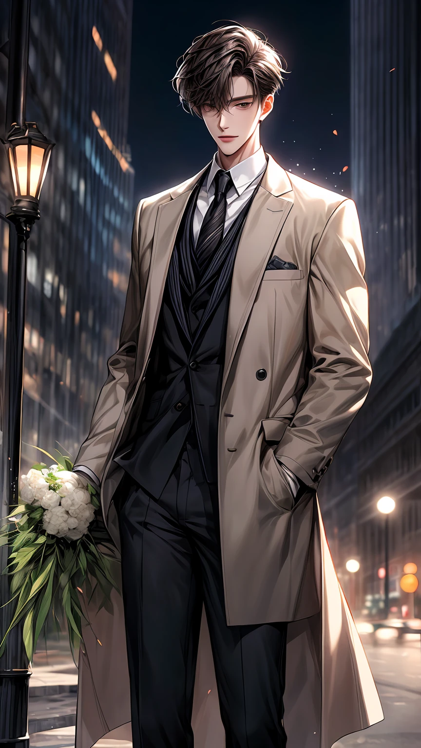 a man standing and holding flowers and he is very happy in front of a tall building, manhwa, male ulzzang, yanjun chengt, handsome chad chin, anime handsome man, secret romance, (good looking ), wearing elegant casual clothes, webtoon, hwang se - on, ( ( god king of ai art ) ), name of the character is chad, webtoons, handsome stunning realistic