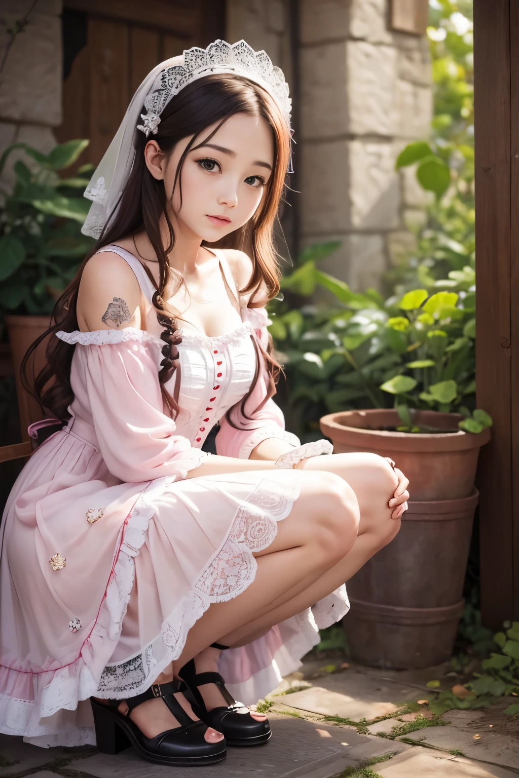 there is a woman with tattoos on her arms and chest, loli in dress, dressed in a pink dress, pale fair skin!!, wearing a white folkdrakt dress, smooth pink skin, angelawhite, wearing a cute white dress, in a dress, dressed in a medieval lacy, wearing a wonderful dress, wearing corset, young and cute girl, lovely queen, squatting