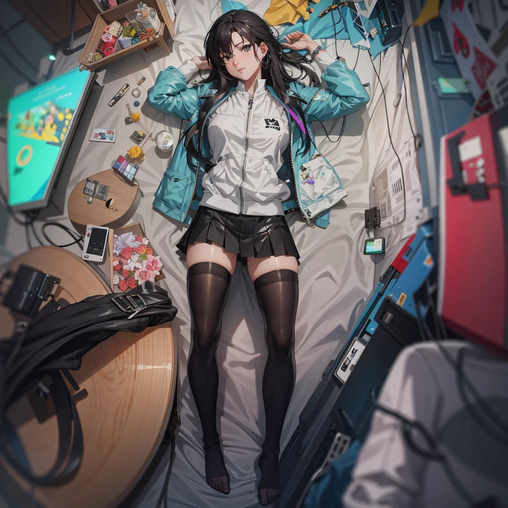 there is a woman that is laying down on a bed,holding guitars, Guviz-style artwork, style of anime4 K, Ross Tran 8 K, Digital cyberpunk anime art, Guweiz in Pixiv ArtStation, Guweiz on ArtStation Pixiv, e - girl, E-Girl, cyberpunk anime girl, Fanart Meilleure ArtStation,lean legs,blacksilk