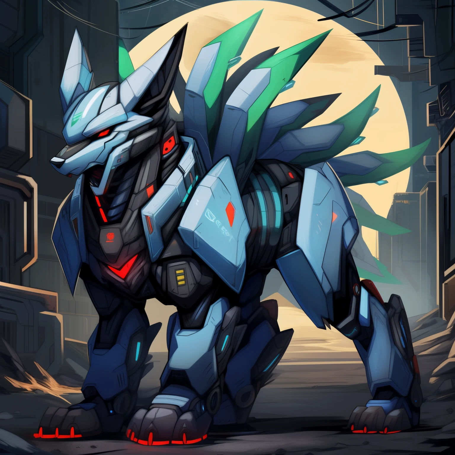 solo, fox, male, blue mech, feral, quadrupedal, fox mech, nine tails, red eyes, cyberpunk theme, uploaded on e621,