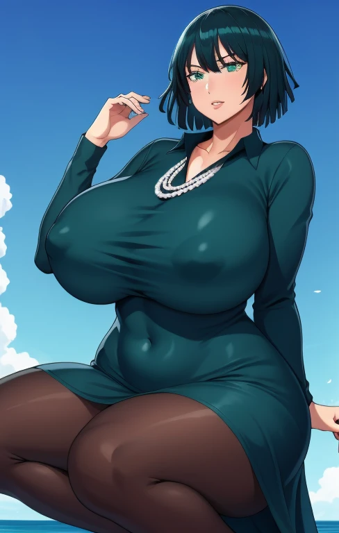 (La mejor calidad, 8k, 12), 1 girl, Fubuki, Pelo corto, cabello verde, gigantic breast, El cuerpo perfecto, Curvy body, Cara ultra detallada, Labios detallados, ojos delgados, vestido negro, squat, tentador, excitado, pezones marcados en el vestido,en celo, vapor, tembloroso, Wet