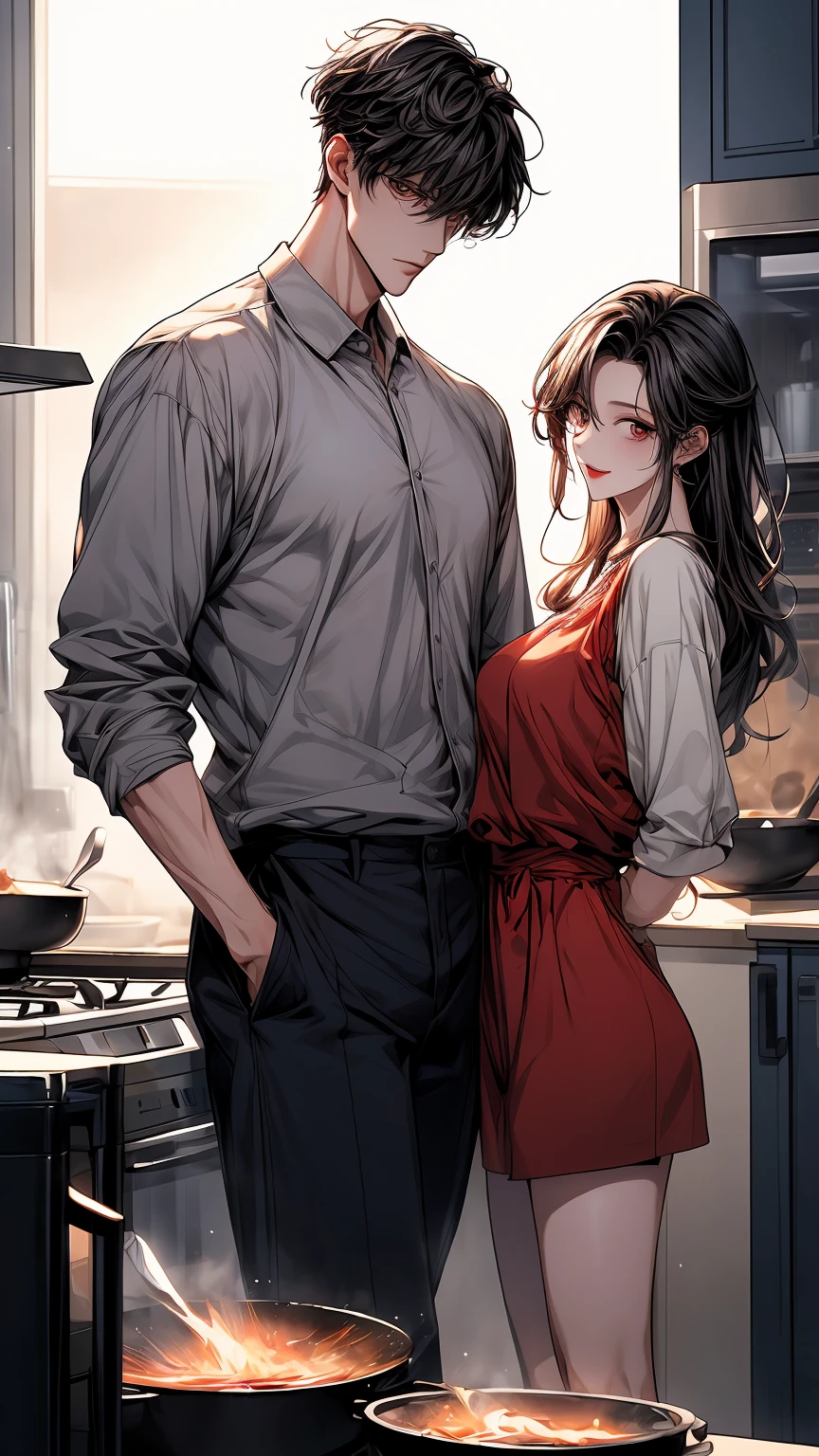 a man standing cooking with his girlfriend, and both are happy, manhwa, male ulzzang, yanjun chengt, handsome chad chin, anime handsome man, secret romance, (good looking ), wearing elegant casual clothes, webtoon, hwang se - on, ( ( god king of ai art ) ), name of the character is chad, webtoons, handsome stunning realistic