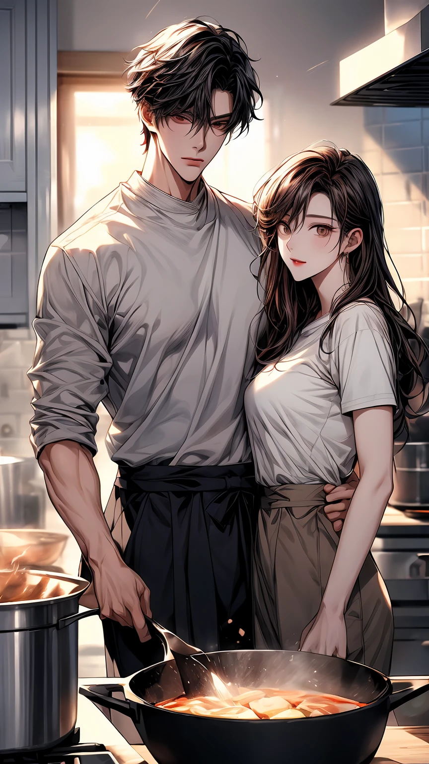 a man standing cooking with his girlfriend, and both are happy, manhwa, male ulzzang, yanjun chengt, handsome chad chin, anime handsome man, secret romance, (good looking ), wearing elegant casual clothes, webtoon, hwang se - on, ( ( god king of ai art ) ), name of the character is chad, webtoons, handsome stunning realistic