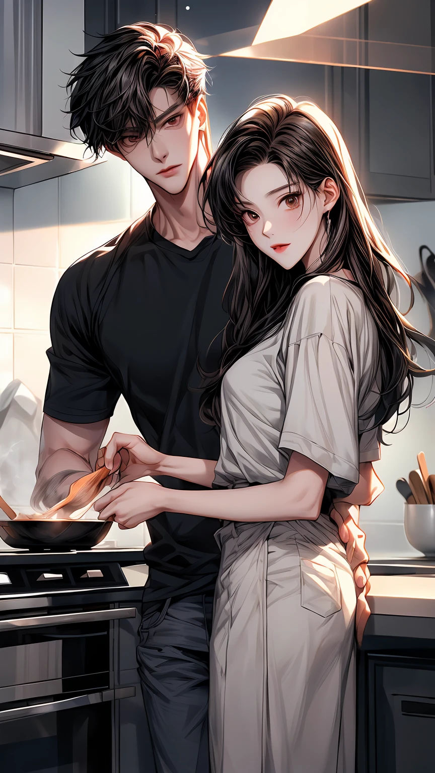 a man standing cooking with his girlfriend, and both are happy, manhwa, male ulzzang, yanjun chengt, handsome chad chin, anime handsome man, secret romance, (good looking ), wearing elegant casual clothes, webtoon, hwang se - on, ( ( god king of ai art ) ), name of the character is chad, webtoons, handsome stunning realistic