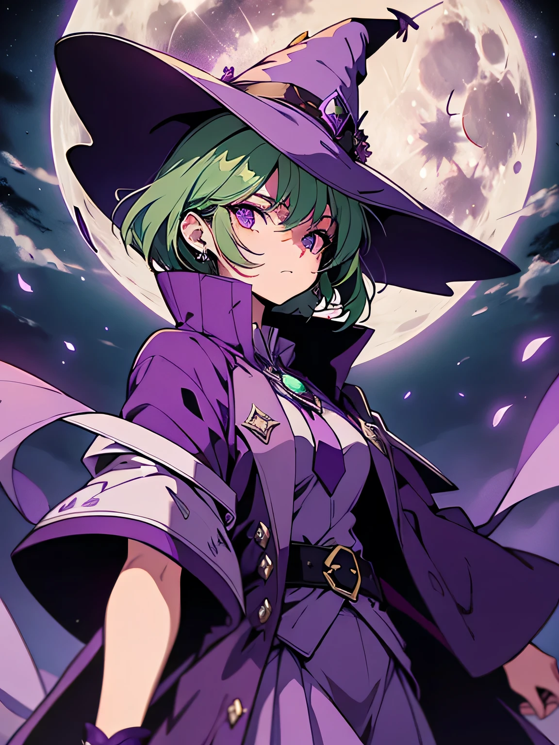 highest quality、very delicate and beautiful、(teenage girl)、purple eye、green hair、short haired、(purple witch hat)、Purple tie、I、short sleeve、purple skirt、Purple Wizard Robe、belly button、 Are standing、Full moon night on background