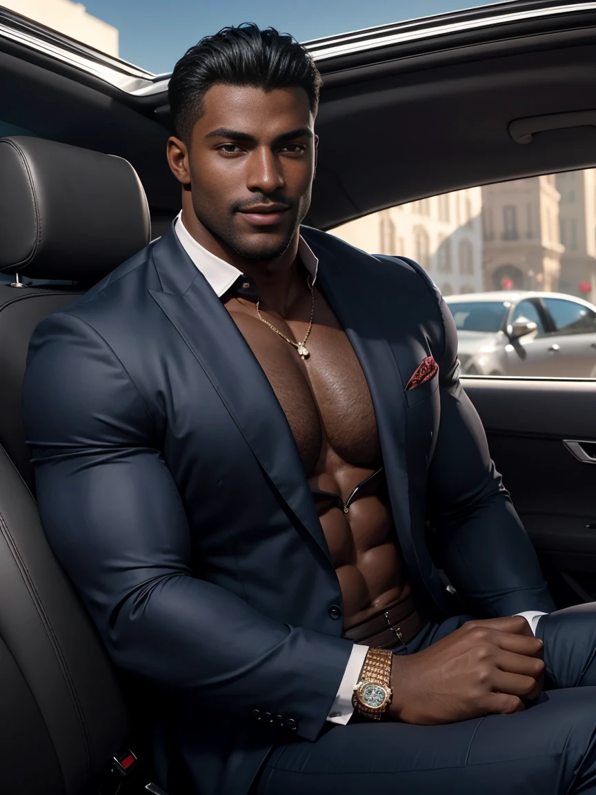 8k，8K resolution，2 Muscular Europeans, handsome man，charming eyes，dark skin,beautiful, smooth and shiny，Full muscles，Thick body hair， (wearing a stylish suit)，big bag，emphasize，(2 men driving a luxury convertible，The car is full of roses)，Two men smiling happily，professional lighting，Professional photography，Realistic photos，realistic model，realistic art