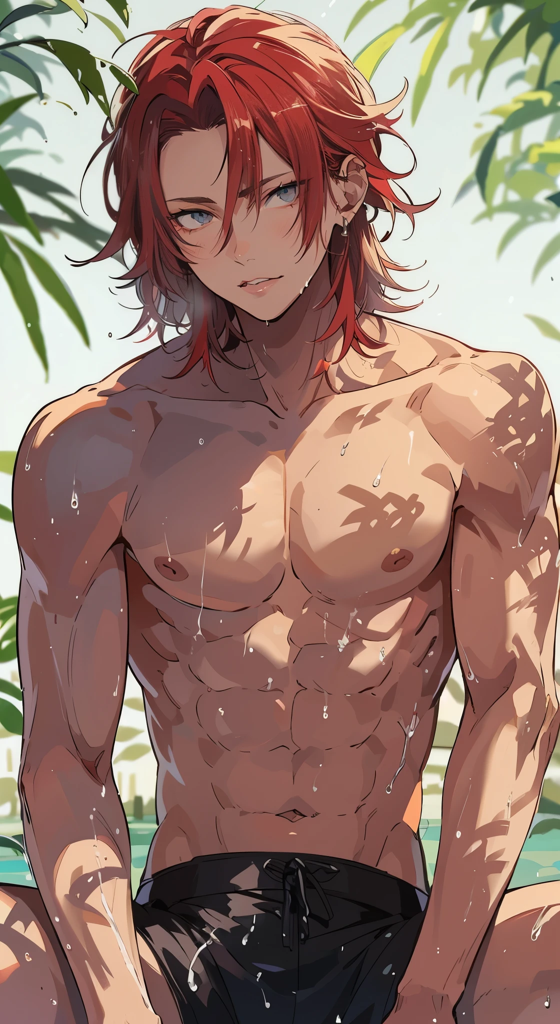 gray eyes, thin lips, Beautiful young man, red hair, shoulder length hair, gray eyes, swimsuit, sitting poolside, pecs, abs, fine macho, wet hair, slit eyes,high quality, amount of drawing, pixiv illustration