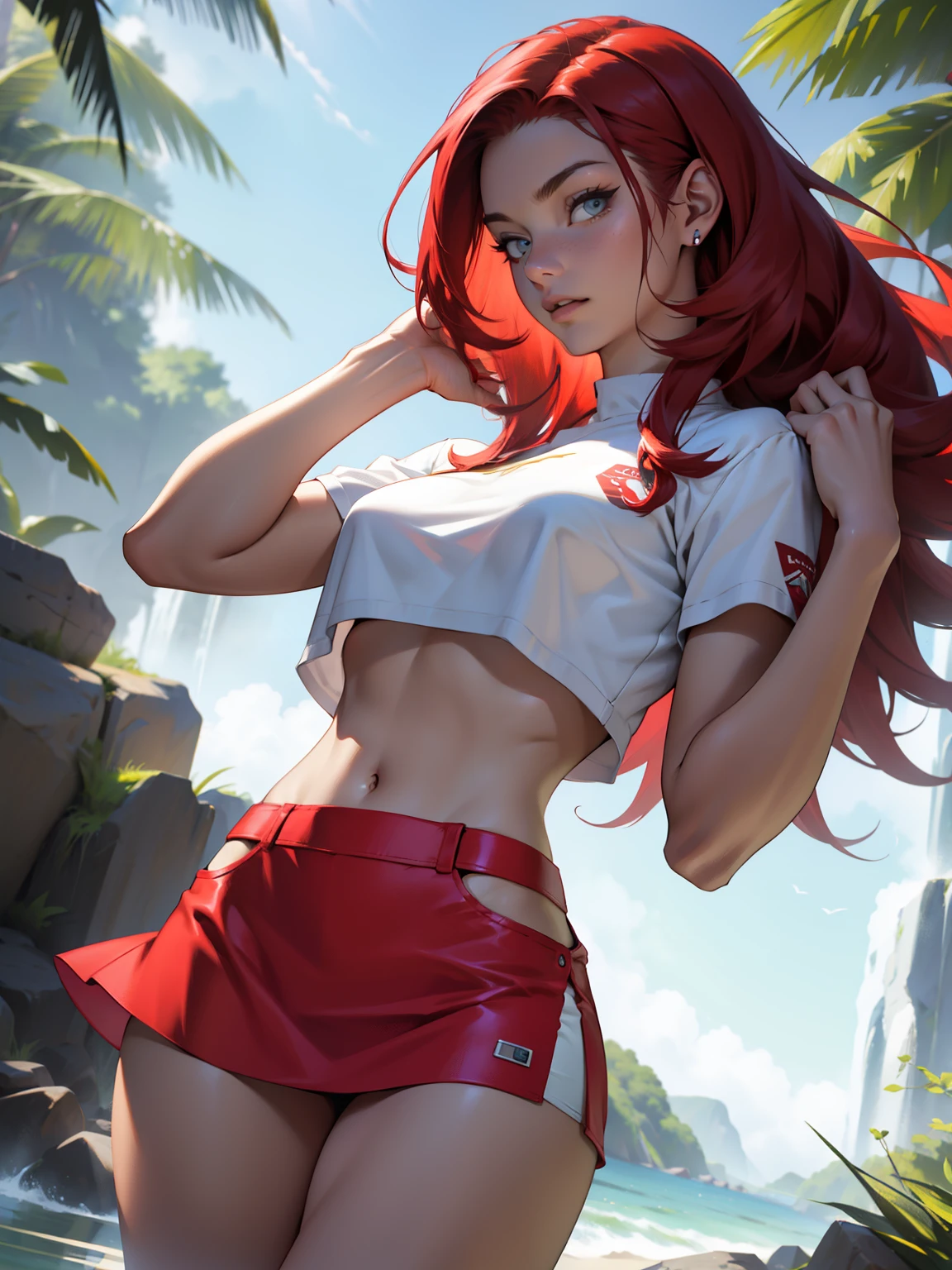 Photo, Best quality, high resolution 8k,most beautiful teenager,19 years old, white skin, ultra detailed, European, long hair, red hair,hair combed back,perfect body, exuberant exotic, , , , narrow waist, nice , slim thighs, thigh gap, very well detailed,mini skirt, crop top, Jessie pokemon, 
