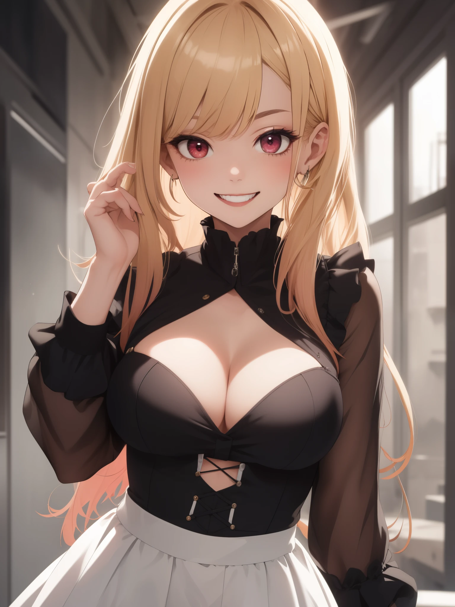 muste piece, 1 female, (((solo))), top quality, high resolution, In 4K, There is a cleavage in the chest, ((White goth clothes)), medium chest, red eyes, blonde , whole body, 珰, smile
