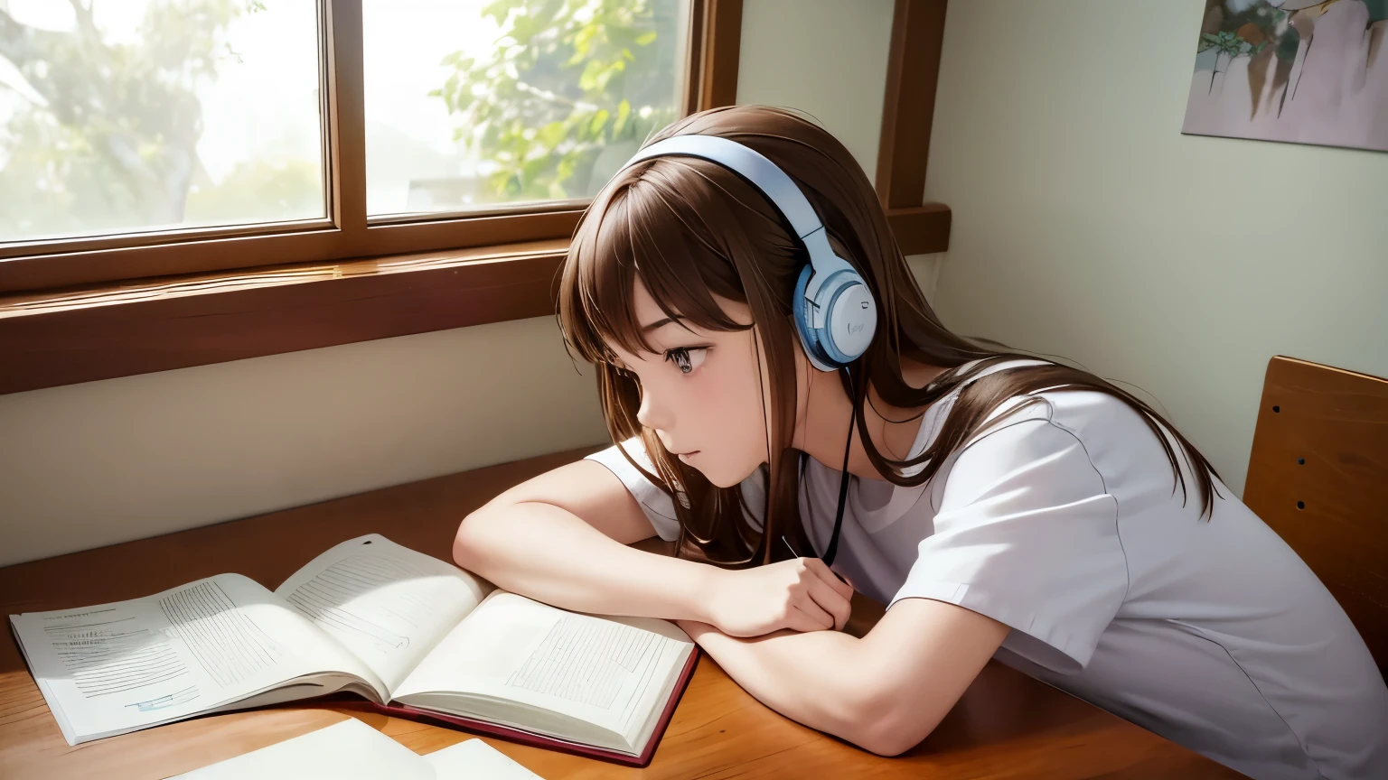 ghibli-style, An 18-year-old woman with a heart-shaped face, blemish-free white skin, brown hair, and distinct features. She is studying alone in her room, taking notes in a book. The room is calm and has lighting, and the stars twinkle outside the window. You can see her side profile. The night view is shining outside the window. There is a pencil holder for writing utensils in front of her. She wears headphones and listens to music. Her eyes are on the book. The room has a modern interior. ghibli-style