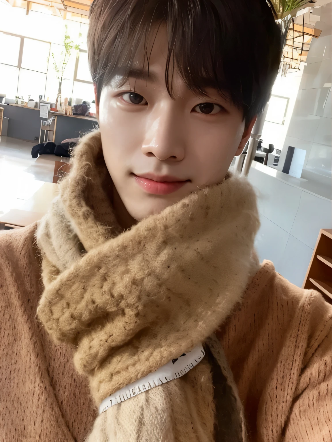 blurred image of a man with a scarf around his neck, Kim Doyoung, Jinyoung Shin, Jung Jaehyun, who is siwoo, Wonbin Lee, sakimichan, pintar ulzzang, he is wearing a brown sweater, cai xukun, hyung tae, taejune kim, inspirado em jeonseok lee, Shin Jeongho, inspirado em Zhang Han, Dino Seventeen member