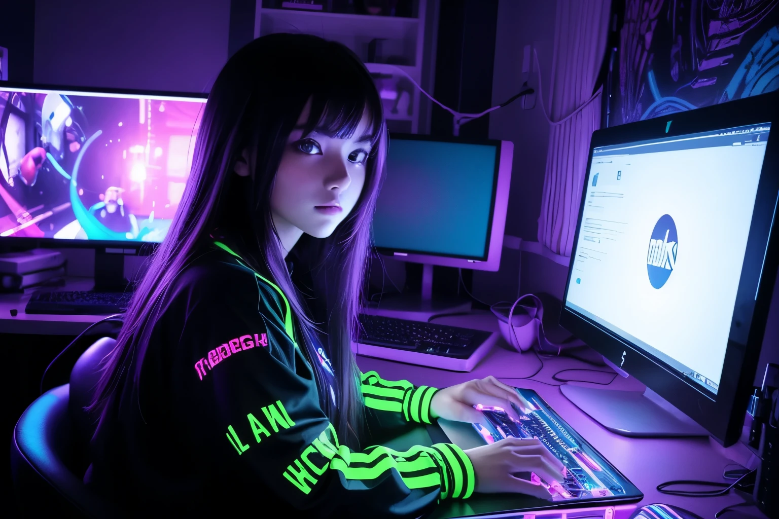 A beautiful girl wearing something cool looking on her laptop in her gaming room that is colorful neon lights and cool place, while looking on her laptop looking so cool