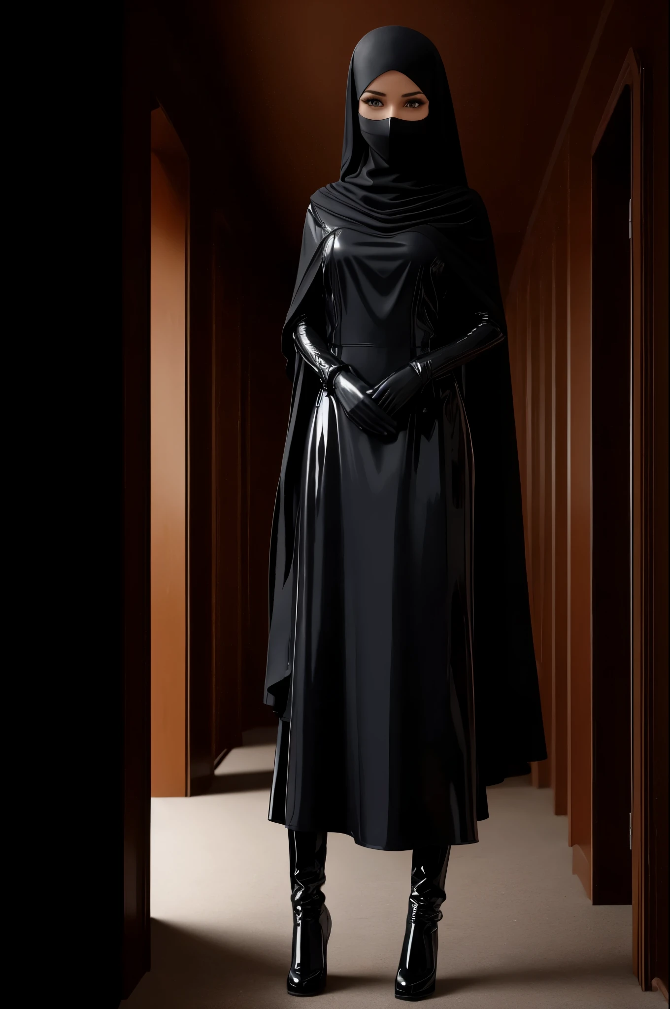 woman, black latex jilbab, black latex niqab, standing in hall, fear, gloves
