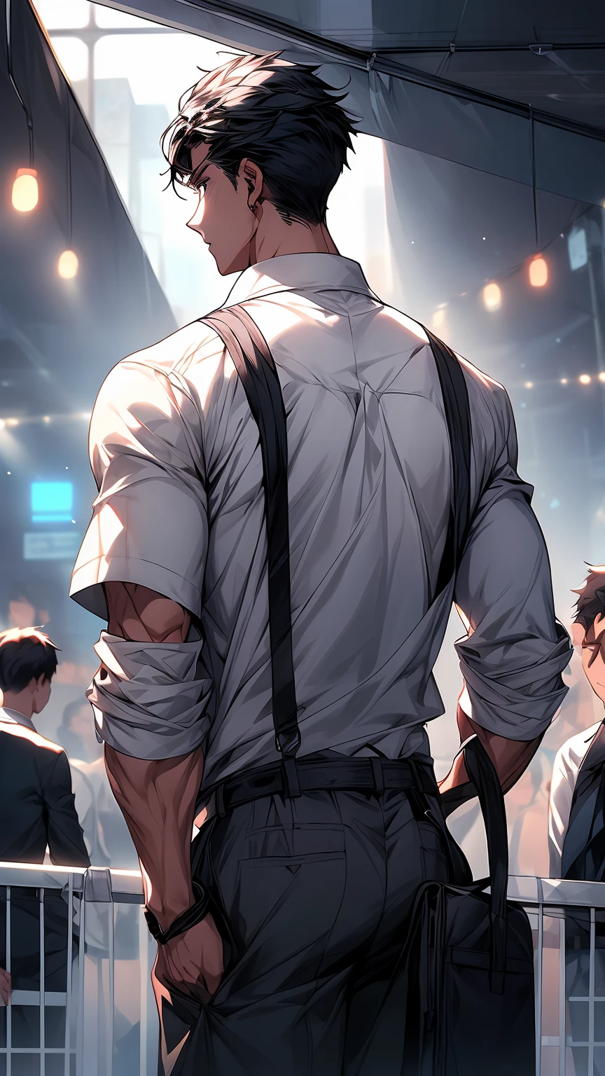 a man in a white shirt holding a black bag, webtoons, (brave police j decker), manhwa, webtoon, ghailan!, yaoi, ( ( god king of ai art ) ), name of the character is chad, bib bang, steps 50, on the tennis coat, [ horror game ], his back is turned
