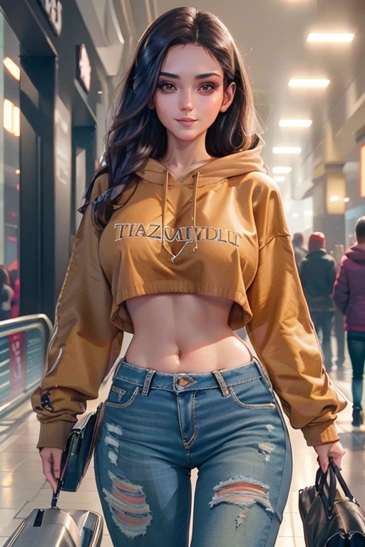 stunning brunette girl wearing a loose cropped hoodie that shows up her tight stomach, wearing loose low rise boyfriend jeans, perfect makeup (dark eyeliner)(dark mascara), lip gloss, cheeky smile, large perky tits, riding down an escalator, 8k resolution, extremely detailed, (paparazzi taking photos of her)