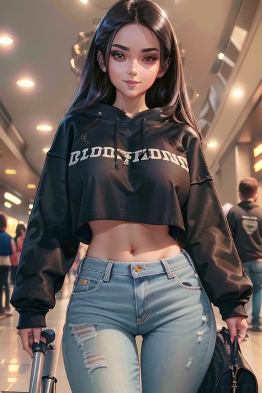 stunning brunette girl wearing a loose cropped hoodie that shows up her tight stomach, wearing loose low rise boyfriend jeans, perfect makeup (dark eyeliner)(dark mascara), lip gloss, cheeky smile, large perky tits, riding down an escalator, 8k resolution, extremely detailed, (paparazzi taking photos of her)