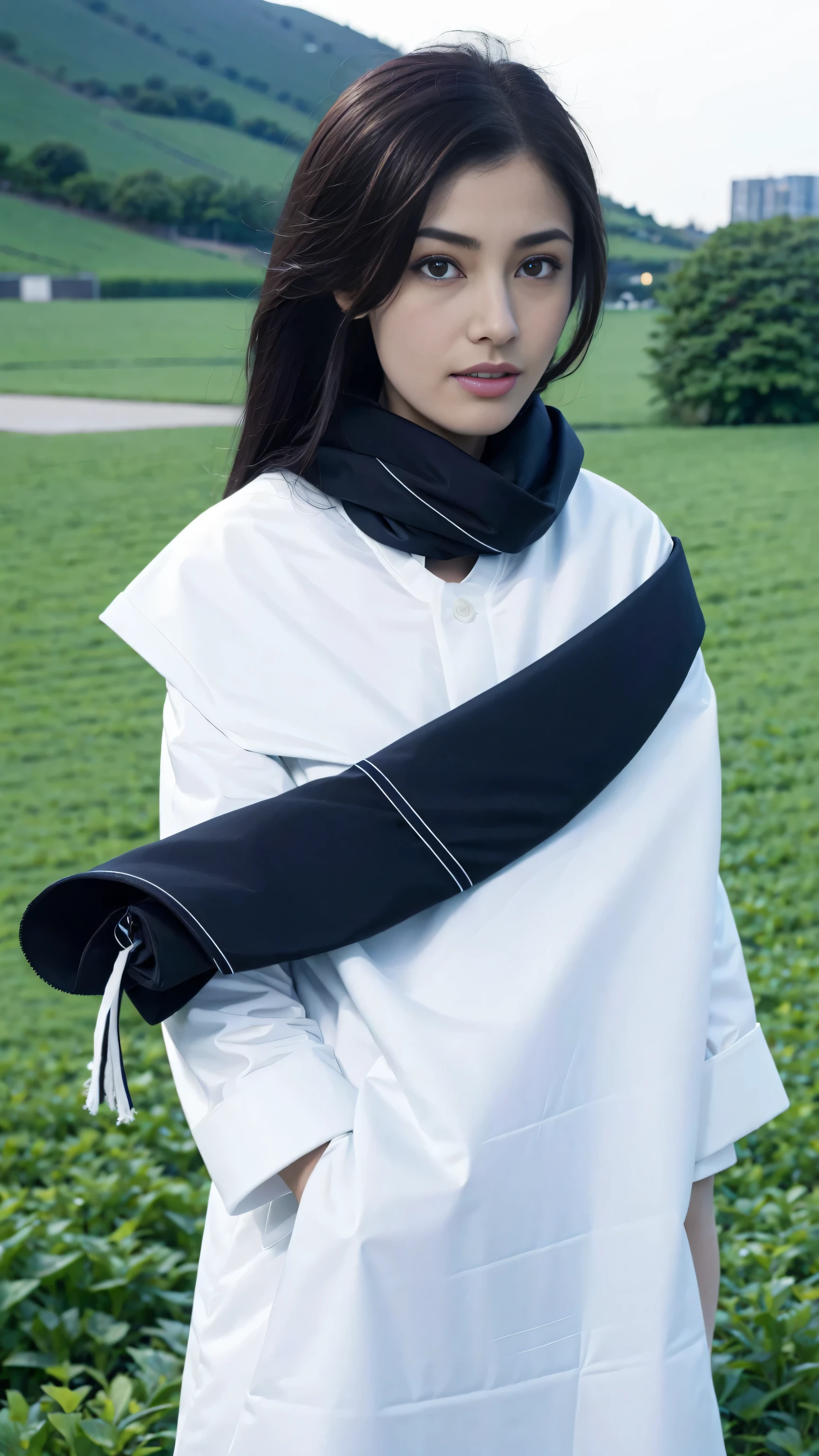 8k, best quality, masterpiece, actual, Super detailed, photo actual, Quality improvement, Photo of a girl wearing a scarf standing in a field, Dark brooding designer style, many qualities, Photo display, calm face, jagged edges, navy, natural beauty, close up