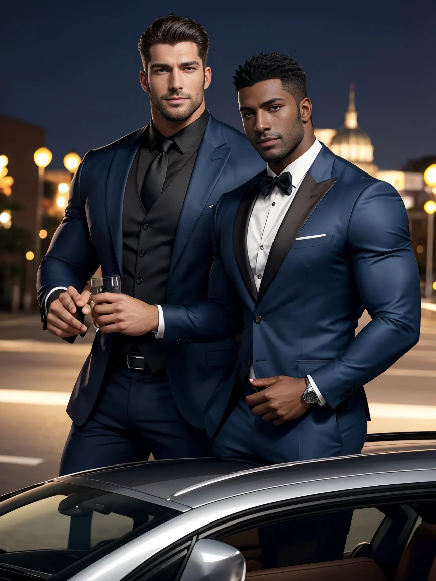 8k，8K resolution，2 Muscular Europeans, handsome man，charming eyes，dark skin,beautiful, smooth and shiny，Full muscles，Thick body hair， (wearing a stylish suit)，big bag，emphasize，2 men driving a luxury convertible，The car is full of roses，Two men smiling happily，professional lighting，Professional photography，Realistic photos，realistic model，realistic art