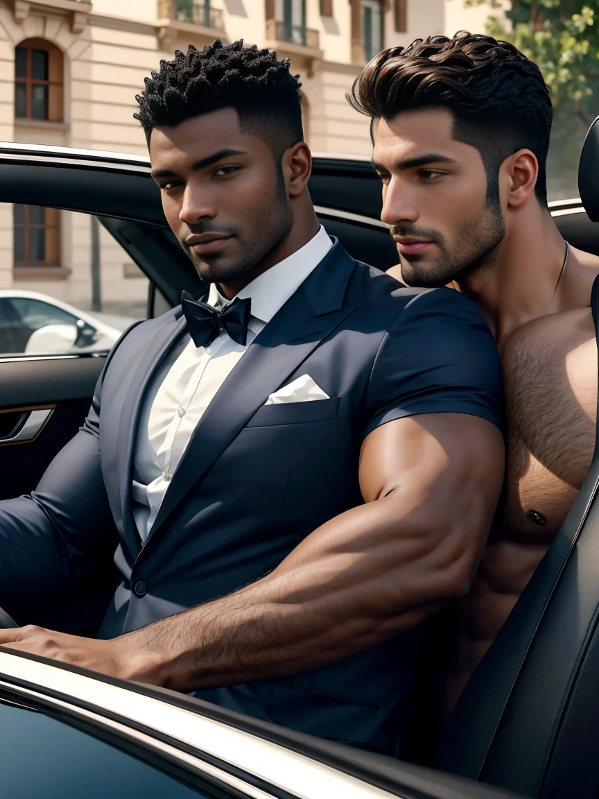 8k，8K resolution，2 Muscular Europeans, handsome man，charming eyes，dark skin,beautiful, smooth and shiny，Full muscles，Thick body hair， (wearing a stylish suit)，big bag，emphasize，2 men driving a luxury convertible，The car is full of roses，Two men smiling happily，professional lighting，Professional photography，Realistic photos，realistic model，realistic art