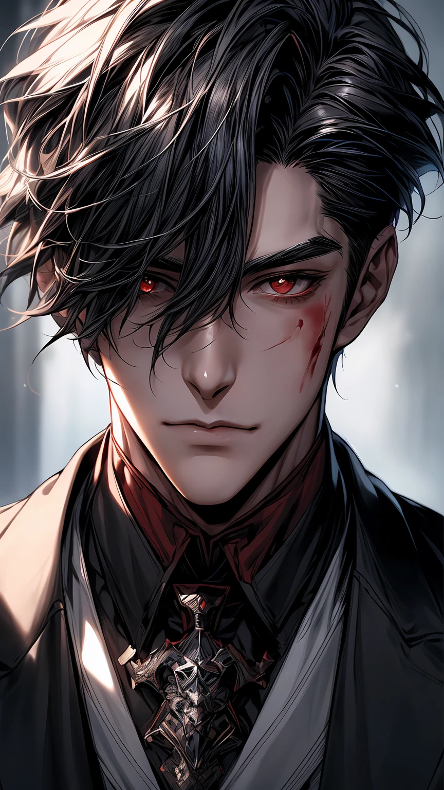 a close up of a person with blood on their face, manhwa, (brave police j decker), :9 detailed face: 8, webtoons, ( ( god king of ai art ) ), sigma male, harsh good looking face, male ulzzang, yaoi, (good looking ), high detailed face anime, webtoon, extremely detailed gorgeous face, full-length shot and vampire 