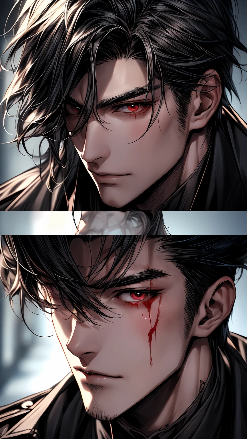 a close up of a person with blood on their face, manhwa, (brave police j decker), :9 detailed face: 8, webtoons, ( ( god king of ai art ) ), sigma male, harsh good looking face, male ulzzang, yaoi, (good looking ), high detailed face anime, webtoon, extremely detailed gorgeous face, full-length shot and vampire