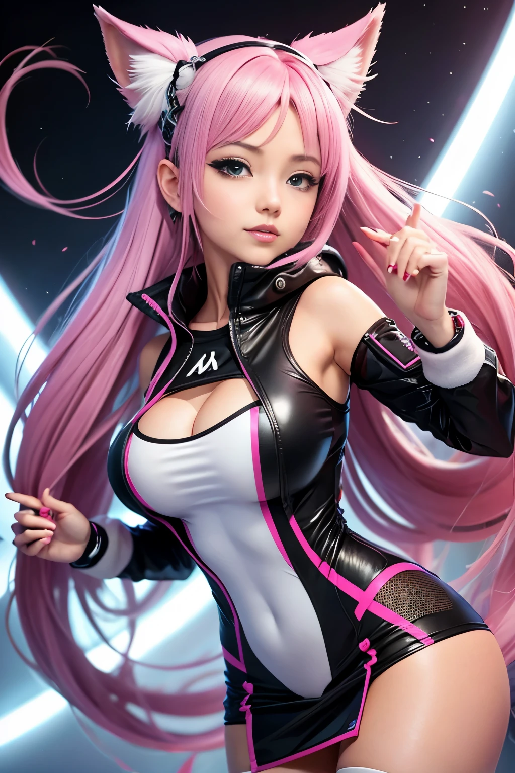 anime girl in a black and white outfit with a pink hair, ahri, sakura haruno in slug sage mode, fox nobushi, sfw version, nekomimi, commission for high res, mai shiranui, azur lane style, at pixiv, tracer in a skintight dress, glamorous angewoman digimon, anya from spy x family
