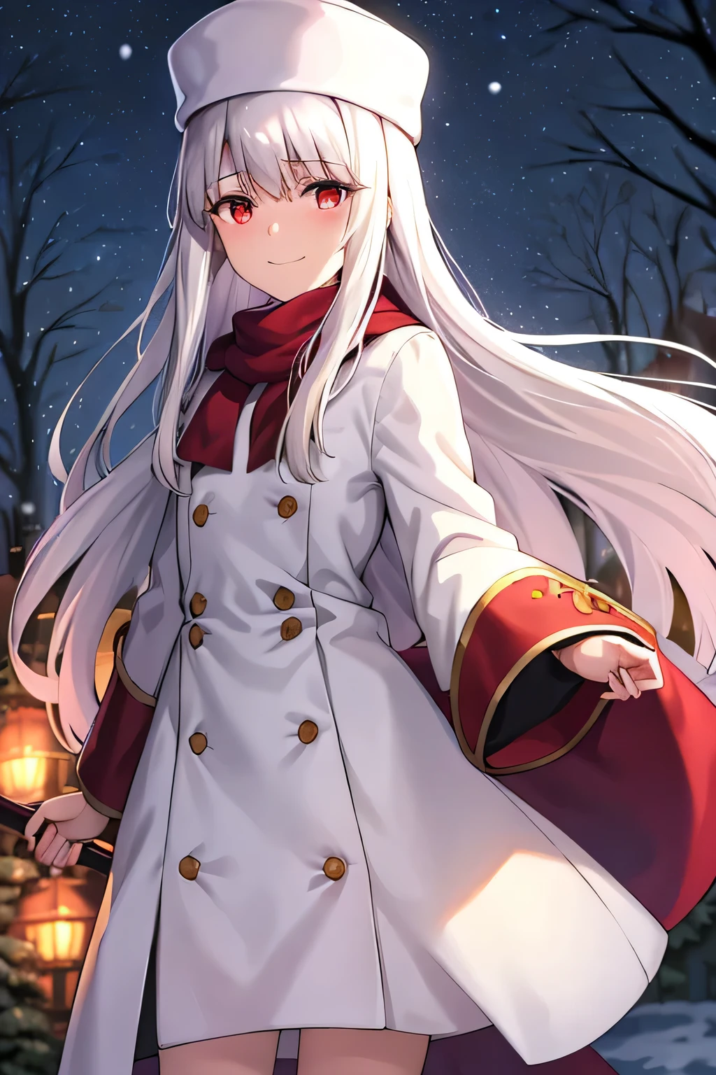 best quality, (masterpiece:1.2), highly detailed,
fate/stay background, (night:1.4), forest, snowing,
illyasviel von einzbern ubw,
1girl, solo, standing, looking at the viewer, closed mouth, smile,
long hair, white hair, red eyes,
purple coat, hat, white scarf