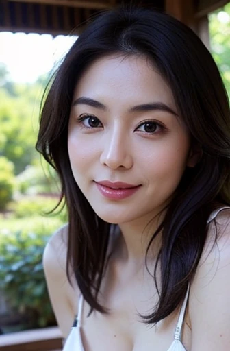 Transparent beautiful skin、speak slowly and politely、bright personality、positive personality、Hidden core strength、black hair suits you、Makeup that is not too flashy、Makeup looks natural、beautiful posture、micro bikini、Swimwear in small sizes、Small size white bikini、dark brown hair, light brown eyes, Japanese actress face, woman, Japanese actress in her 50s,beautiful aunt, (highest quality: 1.4), (ultra high resolution: 1.2), ultra high resolution, (fine eyes), (detailed facial features), HDR, 8K resolution, Terrace in the forest,Plump erotic body、Glamour、slightly larger breasts,glossy lips、((cowboy shot)),The beauty of slim abs: 1.3,a seductive look, super fine face, delicate eyes, double eyelid, smile, Home、sexy pose、Erotic Poses、It feels like he's clearly inviting me、Pheromones are emitted、Erotic