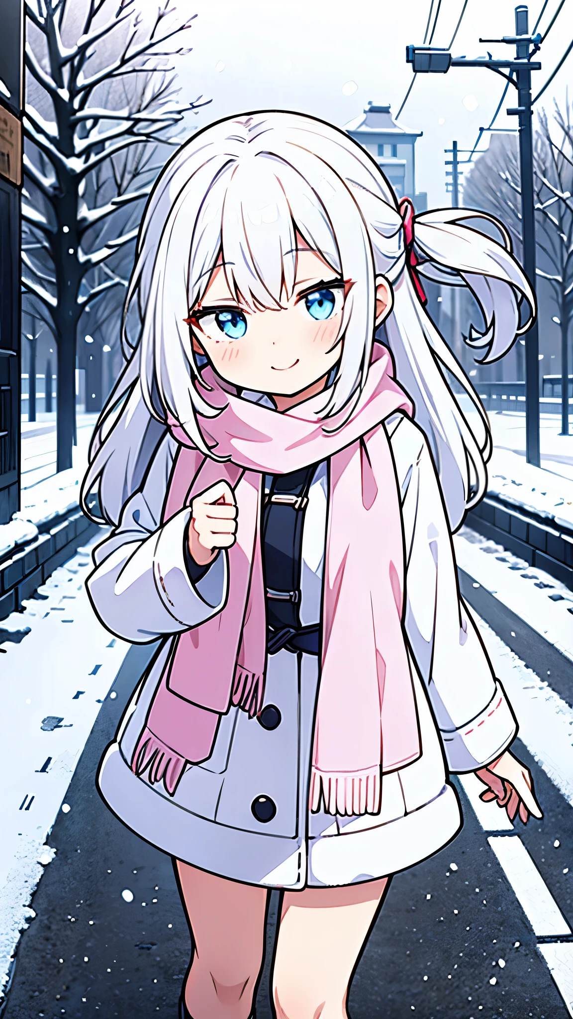 A girl with white hair and blue eyes was running on a snow-covered road, with a pink wool scarf wrapped around her neck and a bright smile.