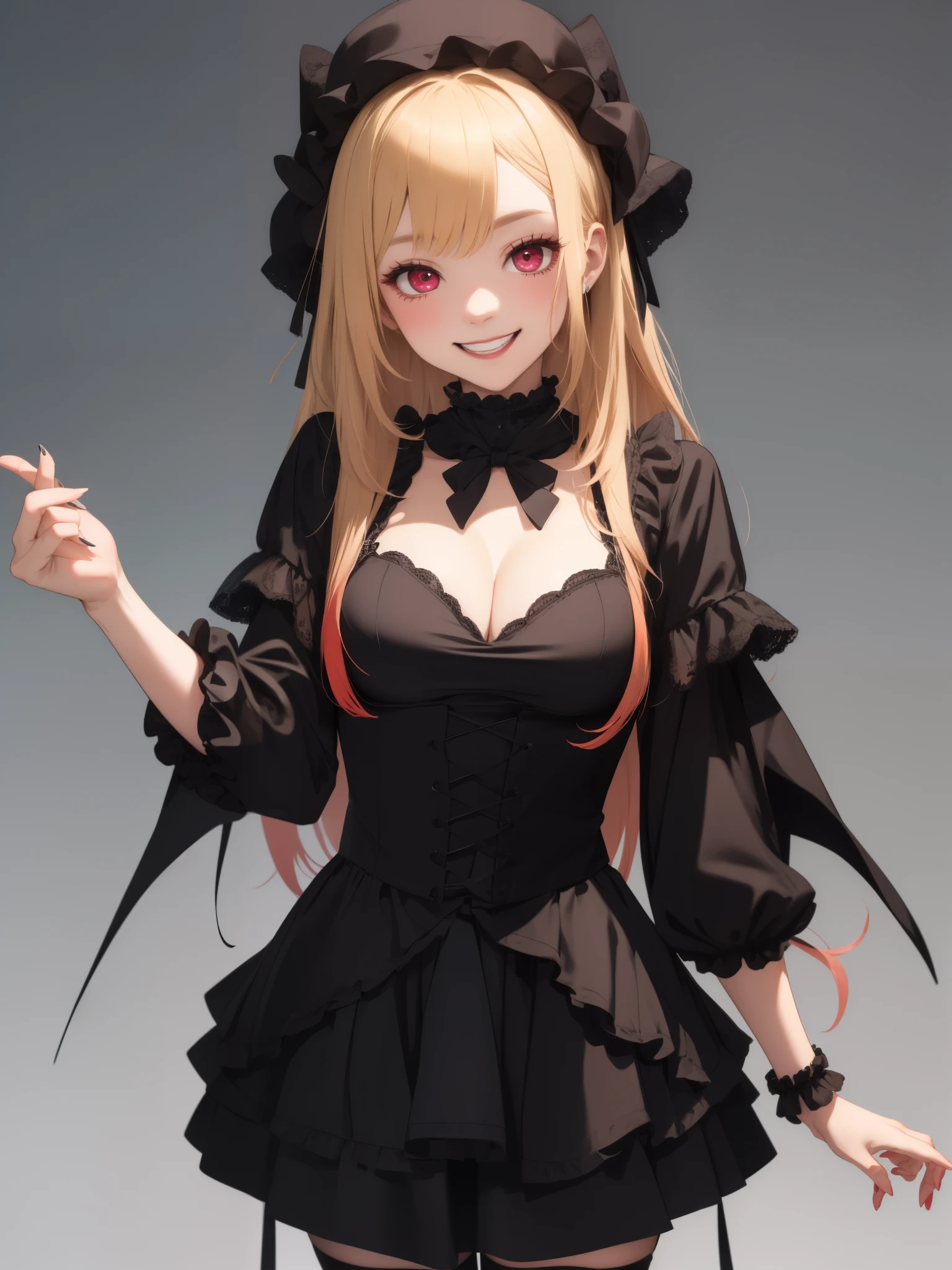 muste piece, 1 female, (((solo))), top quality, high resolution, In 4K, There is a cleavage in the chest, ((Black goth loli clothes)), medium chest, red eyes, blonde ,  whole body,  珰, smile