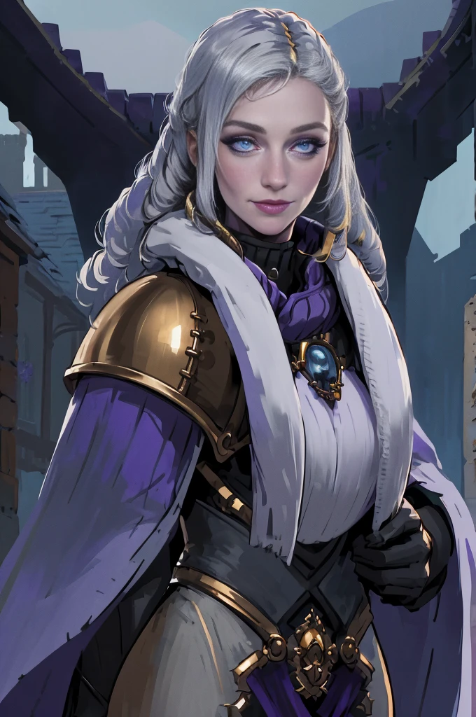 (Triplets)(chest covered)(smile)Gray skin, pale golden hair and violet eyes. They prefer clothing of white and silver with cloaks of deep blue or purple,village background, huge_knockers, ((very precise detailed)), ((highres)