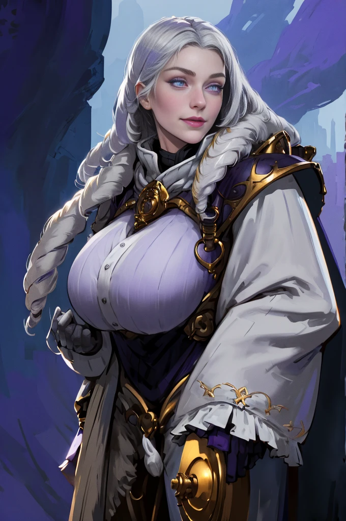 (Triplets)(chest covered)(smile)Gray skin, pale golden hair and violet eyes. They prefer clothing of white and silver with cloaks of deep blue or purple,village background, huge_knockers, ((very precise detailed)), ((highres)