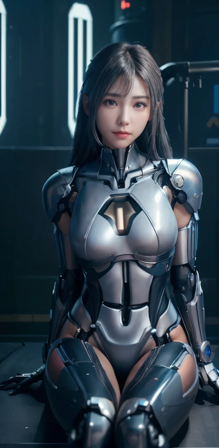 masterpiece、((gray suit))、 ((plug suit)), ((超beautiful girl:1.2))、i have no arms.、mechanized body、Mechanized chest and abdomen、mechanized occiput、Mecha leg rack metallic suit that fits perfectly to the body、 Are standing、tied up、金属robot、((cyberpunk background))、(neon light)、(Futuristic machine factory background)、Cyberdyne、artificial body、All metal body、ironwork、abdominal mechanism、((robotアームとハンド))、((robotの足))、((machine neck))、Inside the spaceship、beautiful girl、、asian beauty, (Actuator and cable exposed from abdomen.、金属製robotの首から胴体までつながっている、Complex 3d rendering beautiful porcelain profile super be familiar withd female android face、cyborg、robot部品、150mm、Soft light in a beautiful studio、rim light、vivid details、gorgeous cyberpunk、Ren Hao、超realistic、anatomical、facial muscles、cable wire microchip、elegant、beautiful background、octane rendering、HR giger style、8K、highest quality、masterpiece、enlightenment、very delicate and beautiful、 非常にbe familiar withなCG、unity、wallpaper、(realistic、Photoreal:1.37)、wonderful、be familiar with、masterpiece、highest quality、official art、Highly be familiar withd CG unity 8k wallpaper、absurd、incredibly absurd、、robot、silver beads、Full body Esbian、sit on top