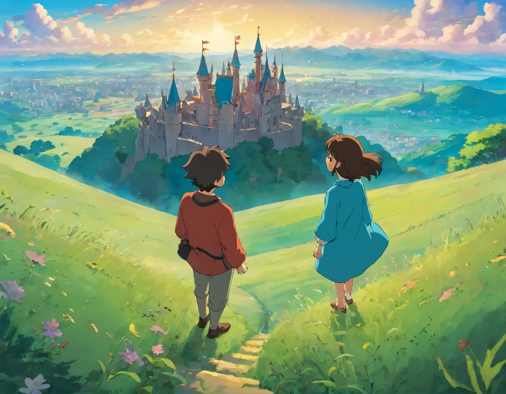 Grassland spread all around、A man and a woman looking down on it from the top of a hill、A large castle seen in the distance、many birds flying