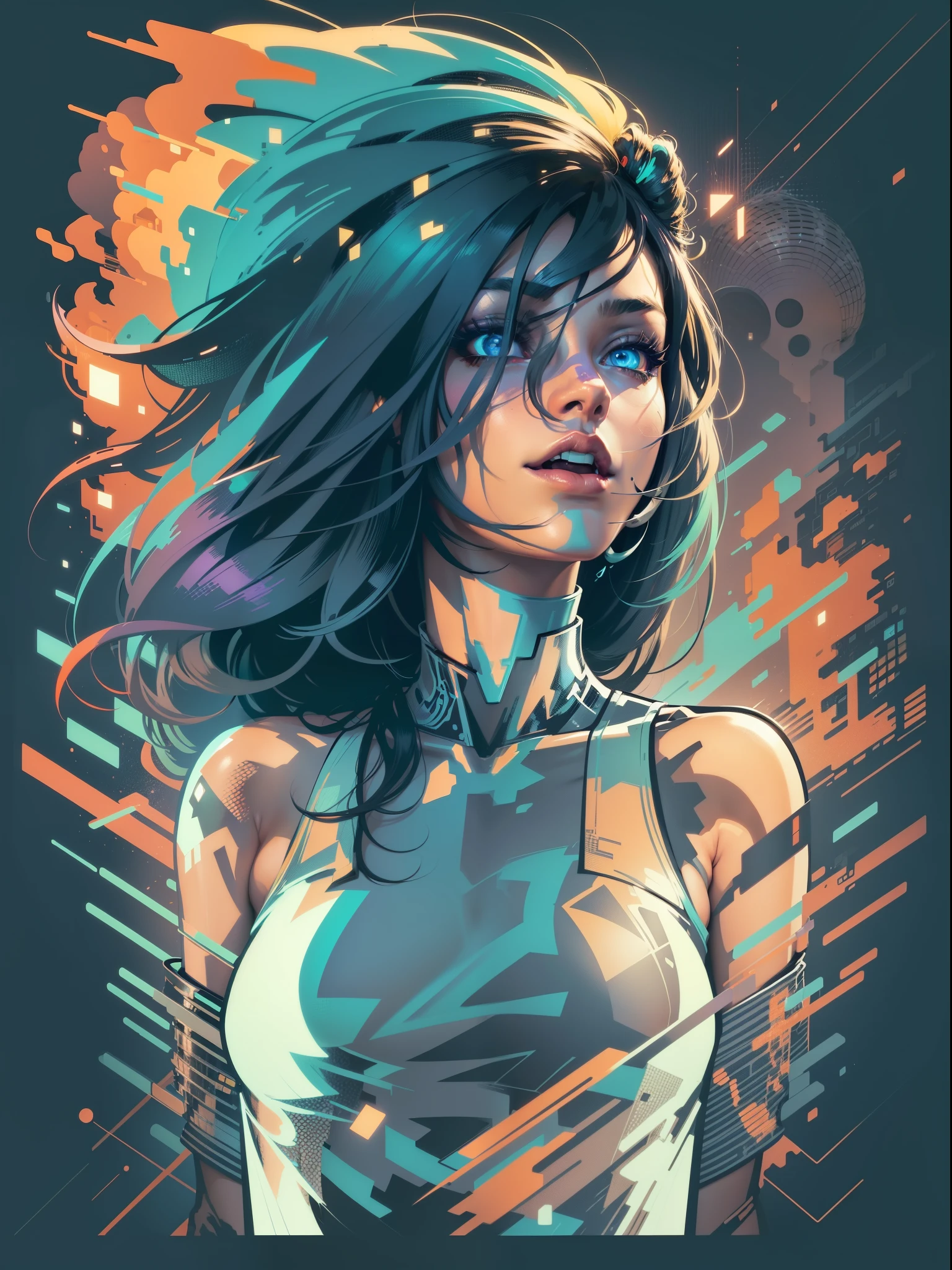 graphic design t-shirt, flat design, futuristic cyberpunk girl in mix of tones, topless,, sexy body, topless, flashing , big , metal skin, metal nipples, laser beams, purple emissive eyes, colorful tones, clean highly detailed, vector image, smoke explosion, simple background, flat white background, bright vector ((white background) )