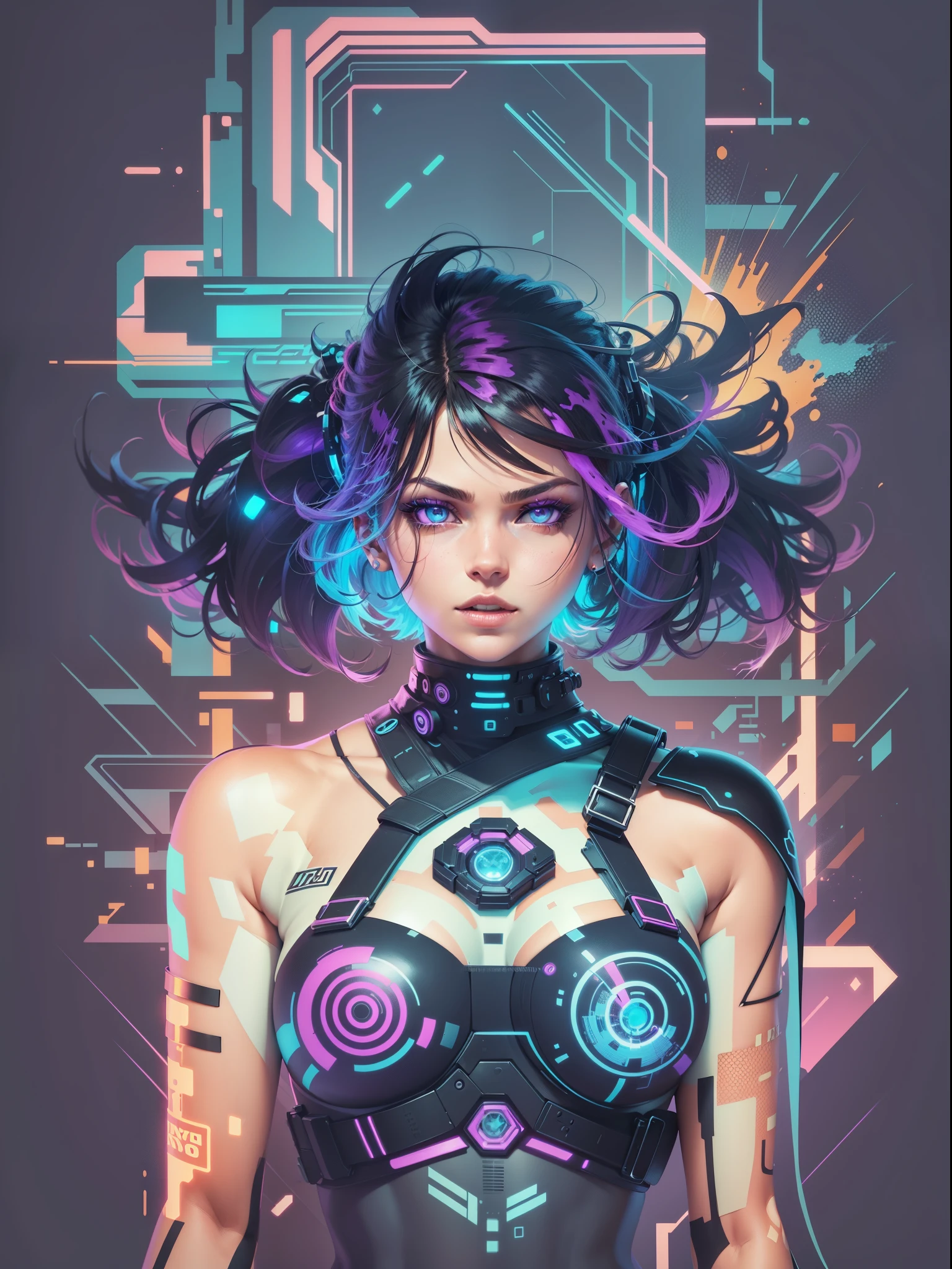 graphic design t-shirt, flat design, futuristic cyberpunk girl in mix of tones, topless,, sexy body, topless, flashing , big , metal skin, metal nipples, laser beams, purple emissive eyes, colorful tones, clean highly detailed, vector image, smoke explosion, simple background, flat white background, bright vector ((white background) )