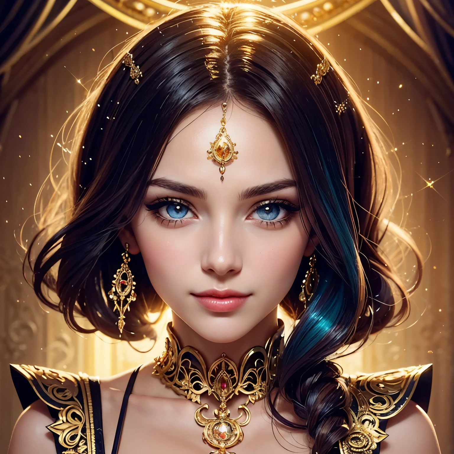 Angelique Marchioness of gold angels, beautiful eyes, lush eyelashes in front of eyes, on the face of a light smile, in the style of the artist Razumov, synth punk, frontal camera, baroque style,
girl with hair all different colors of the finest shiny organza with golden veins in fantastic whirl, glare, spray, pastel tones, juicy, filigree details, light elements, fantasy, beautiful, high detail, high resolution, 32k, mystic haze, background fabulous crystal forest, glitter
